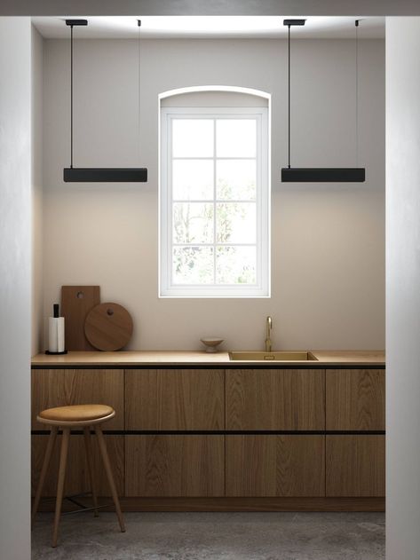 Designed by Danish design studio Mavro/Lefevre, the Beau pendant is based on the idea of extruding the silhouette of a lamp horizontally in space. Beau has a slim, minimalist design that looks beautiful above a dining table or in the kitchen. Comes with a replaceable bulb. Kitchen Scandinavian Style, No Upper Cabinets, Dining Table Lamps, Scandinavian Minimalism, Pendant Ceiling Lamp, Black Pendant Light, Black Lamps, Black Kitchens, Design Minimalista