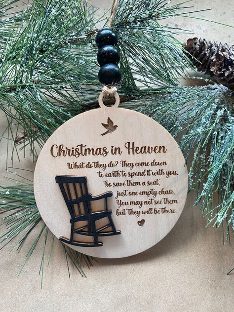 Personalization now Available!!  One name(first)on front.   One name (first and last) and dates on back.  Please be specific. Select the option for personalization in the chair color option. if you request personalization, and do not pay,  your order will be cancelled. This is a beautiful ornament with a rocking chair and a quote, to bring passed loved ones closer to you during Christmas time.  All cut from 1/4 inch birch, with 1/8 inch Baltic birch on top Christmas Memorial Lanterns, Oyster Ornament, Personalized Christmas Ornaments Family, Snowman Christmas Decorations, Christmas In Heaven, Christmas Jesus, Memorial Ornaments, Family Ornament, Christmas Decorations Rustic