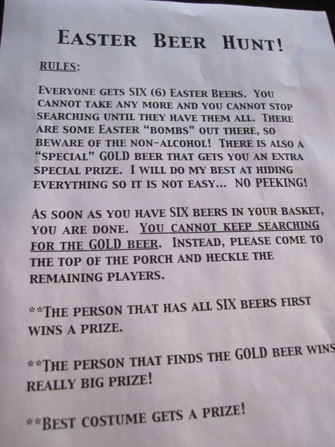 Easter Beer Hunt Rules :) Easter Beer Hunt, Adult Easter Party, Adult Easter Egg Hunt, Party Games For Adults, Easter Party Games, Adult Easter, Easter Hunt, Easter Games, Games For Adults