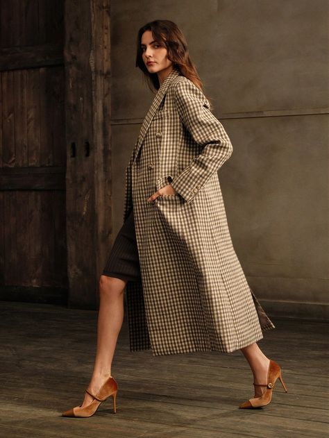 Long Plaid Woolen Coat, High-End British Style Overcoat Black and White Elegant  Long Sleeve Tweed Houndstooth,Plaid,Plain Regular Non-Stretch  Women Clothing, size features are:Bust: ,Length: ,Sleeve Length: 100% Wool Coat, Modern Scottish Fashion, Classic Coats For Women, Long Overcoat For Women, Coat Poses, Tan Overcoat, Gingham Coat, Casual Cardigan Sweater, Scottish Fashion