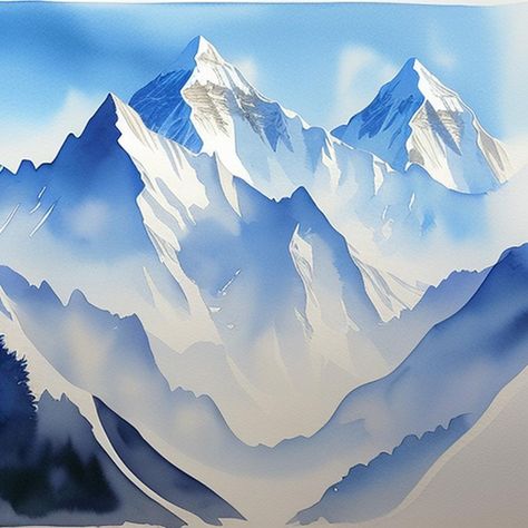 @tulis_artgallery Snow Covered Mountains Painting, Snow Mountain Illustration, Himalayas Painting, Labradoodle Painting, Snow Mountain Painting, Watercolour Canvas, Snow Covered Mountains, Painting Mountains, Snow Illustration