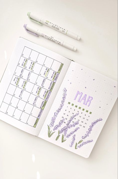 Bujo School Schedule, March Book Journal Spread, Monthly Bujo Cover, Monthly Bujo Ideas, March Bujo Spread, Schedule Ideas Aesthetic, Lavender Bullet Journal Theme, Bujo Schedule, Lavender Bujo