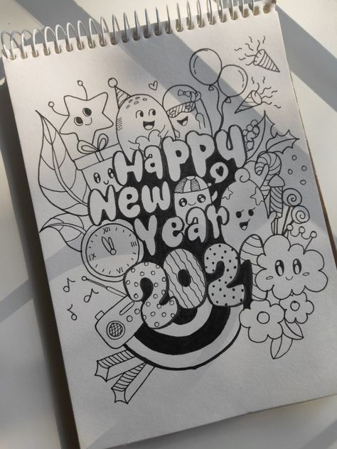 Doodle Planet New Year Pencil Drawings, Doodle Drawings Christmas, Creative Doodle Art Inspiration, Happy New Year Doodle Art, New Year Drawings Ideas, New Year Cute Drawing, Best Doodle Art Ideas, New Year Sketches Drawing, Art Doodles Ideas Creative