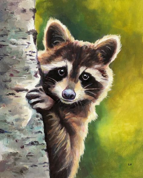 Whimsical Art Animals, Racoon Painting, Forest Animal Painting, Racoon Drawing, Baby Room Artwork, Baby Animal Painting, Baby Racoon, Nursery Animal Art, Animal Oil Painting