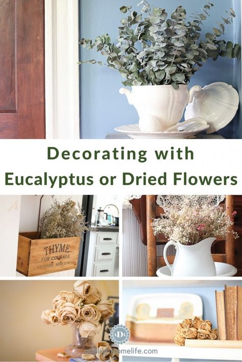 What To Do With Dried Eucalyptus, Dried Eucalyptus Arrangement, Simple Dried Flower Arrangements, Dried Eucalyptus Decor, Decorating With Eucalyptus, Dried Flower Arrangements Home Decor, Eucalyptus Flower Arrangement, Eucalyptus Flower, Drying Roses