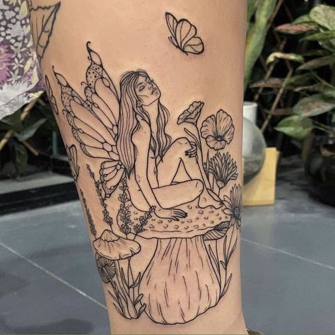 Fairy Sitting On Mushroom Tattoo, Faerie Tattoos, Mushroom Fairy Tattoo, Fairytale Tattoo, Faerie Tattoo, Tattoo Chart, Tattoo Time, Final Countdown, Mushroom Tattoos