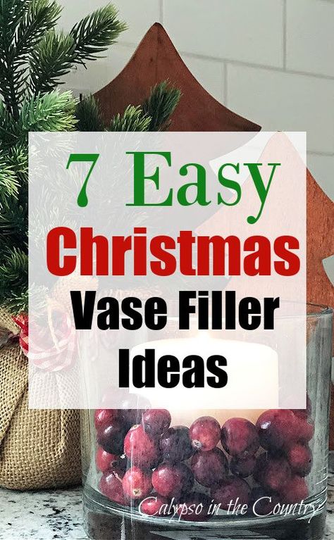 Keep your Christmas decorating simple this year with some easy DIY Christmas decor. Work on one vignette at a time. Fill some vases or glass containers with items from the grocery store or from your Christmas decoration collection. Christmas vase filler ideas include, candles, cranberries, nuts, pine cones, Christmas ornaments and more! See all the creative vase filler ideas on the blog! Vase Inside A Vase, Clear Glass Vase Fillers, Vases For Christmas, Christmas Table Centerpieces Ideas Vases, Cranberry Candle Centerpiece, Christmas Bulbs In Vase, Christmas Decor In Vase, Simple Christmas Centerpiece Ideas, Small Vase Christmas Decor