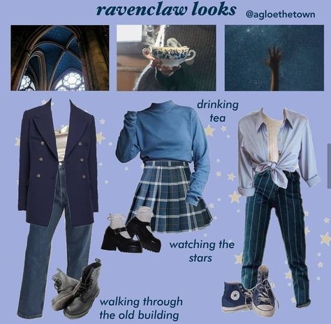 Blue Academia Aesthetic Outfit, Ravenclaw Outfit Aesthetic, Academia Aesthetic Fashion, Blue Outfit Winter, Aesthetic Clothes Grunge, Blue Academia, House Ravenclaw, Ravenclaw Outfit, Light Academia Outfit