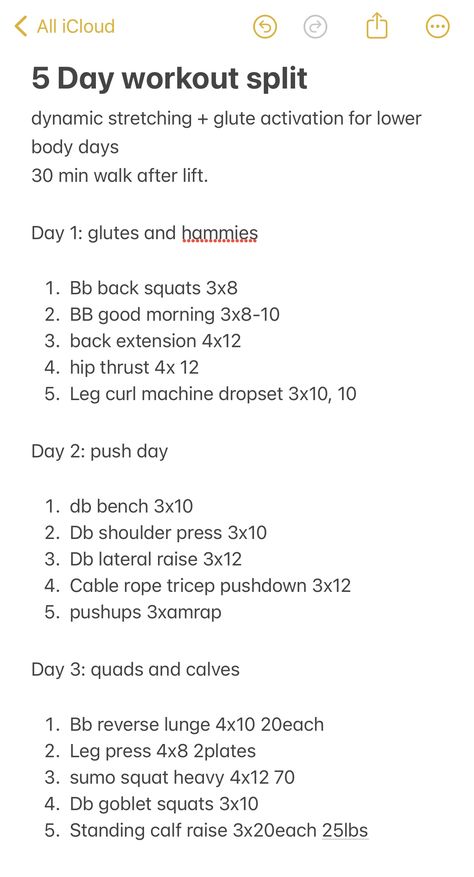 this is my current gym split. I lift 5x a week, sunday-thursday, and I do pilates/&cardio on friday and saturday. this split is optimized for lower body growth for me personally. feel free to adjust the days to your schedule Workout Split Week, Workout Split With Running, Gym Day Schedule, Gym 3 Day Split, Lower Body Workout Split, 5 Day A Week Workout Split, Three Day Gym Split, 5 Day Gym Split Women, 5 Day Workout Split Women Gym