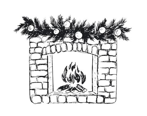 Christmas Fireplace Art, Fireplace Drawing Sketch, Christmas Pen Drawing, Fireplace Doodle, Cute Christmas Sketches, Christmas Fireplace Drawing, Christmas Drawings Art Sketch, Christmas Sketches Easy, Fireplace Sketch