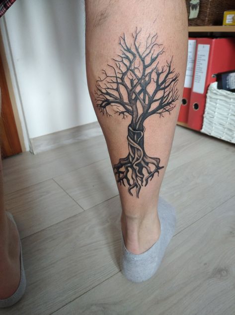 #tree #treetattoo #tattoo Tree Calf Tattoo Men, Tree Of Life Tattoos Men, Growing Tree Tattoo, Position Tree Tattoo, Leafless Tree Tattoo, Elm Tree Tattoo, Calf Tattoo Men, Tree Sleeve Tattoo, Tree Tattoo Arm