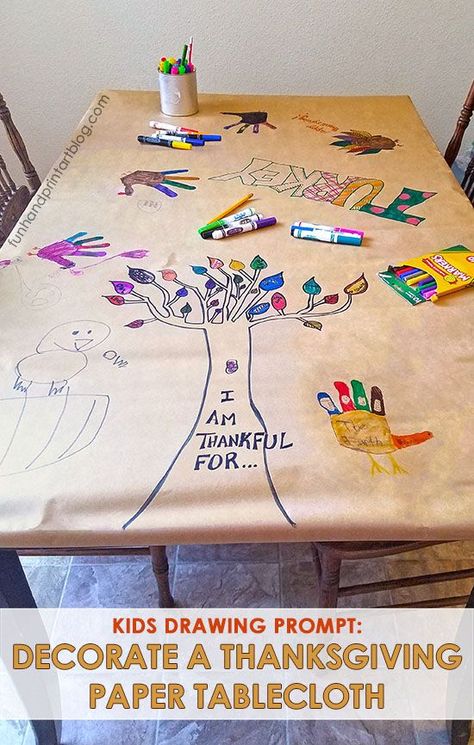 Keep kids from being bored by having them create a Thanksgiving Tablecloth. Provide them with some of the suggested Thanksgiving writing and drawing prompts Thanksgiving Tablecloth, Thanksgiving Writing, Thanksgiving Paper, Thanksgiving Dinner Party, Thanksgiving Activities For Kids, Thanksgiving Art, Drawing Prompts, Thanksgiving Crafts For Kids, Hosting Thanksgiving