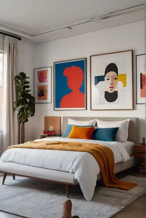 10 Bedroom Decor Trends for 2024: Home Decor Inspo Bright Bedroom Design, Minimalist Colorful Apartment, Colourful Small Bedroom, Maximalist Small Apartment, Colorful Scandinavian Bedroom, Retro Minimalist Bedroom, Beige Bedroom Ideas With Pop Of Color, Bright Modern Bedroom, Colorful Bedroom Aesthetic