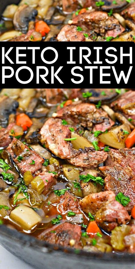 Keto Irish Pork Stew - Using turnips instead of potatoes, this hearty Irish pork stew is low-carb, zesty, and easy to make completely gluten-free. #keto #ketodiet #ketorecipes #ketostew #ketoirishporkstew #ketoporkstew #stew #stpatricksdayrecipes #irishstew #dinnerideas #food #recipes Keto Soup And Stew Recipes, Keto Irish Stew, Southwest Pork Stew, Low Carb Stew Recipes, Stew Meat Recipes Crock Pot Low Carb, Low Carb Pork Stew, Keto Pork Soup Recipes, Irish Pork Stew, Keto Lamb Stew