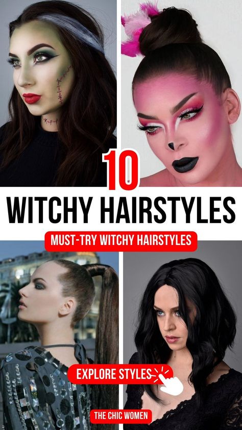 Easy Witch Hairstyles for Halloween Parties Witch Updo Hairstyle, Witch Halloween Hairstyles, Witch Costume Hair Ideas, Witch Hat Hairstyles, Witchy Hairstyles Curly, Witches Hairstyles, Hairstyles Extravagant, Witch Hair Styles, Goth Updo Hairstyles