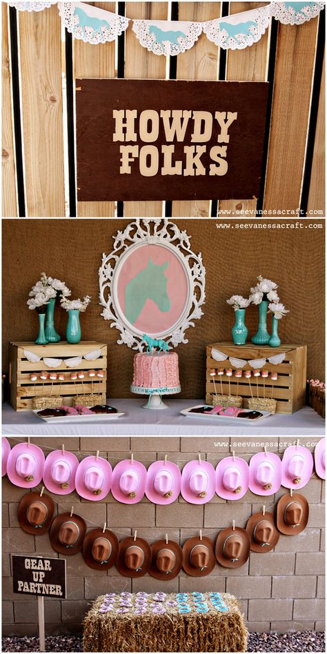 Pink and Aqua Cowgirl Themed Birthday Party! on http://pizzazzerie.com Cowgirl Party Activities, Horse Party Ideas For Girls Diy, Horse Garland, Pony Party Ideas, Cowgirl Themed Birthday Party, Cowgirl Birthday Party Ideas, Rodeo Birthday Parties, Linda Jones, Sheriff Callie