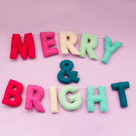 Merry & Bright Letter Garland Christmas Christmas Gifts - Etsy Felt Christmas Bulb Garland, Bright Colour Christmas Decor, Bright Christmas Garland, Merry And Bright Garland, Felt Letter Banner, Felt Christmas Tree Garland, Bright Colored Christmas Decor, Diy Felt Christmas Garland, Christmas Banners Ideas Diy