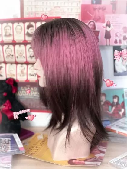 Pink and Black Ombre Synthetic Wig with Bangs Purple Hair With Pink Bangs, Pink Hair With Black Tips, Ombre Hair With Bangs, Ombre Bangs, Alternative Hair Color Ideas, Black And Pink Hair, Dramatic Hair Colors, Hair Color Swatches, Black Hair Ombre