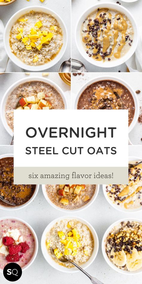 Learn how to make overnight steel cut oats a ton of different ways. We've got the basic recipe for overnight steel cut oats and are then showing you six amazing flavor ideas! We've got peanut butter, apple, mango, mocha, chocolate chip, and vanilla raspberry. Overnight Steel Cut Oats | Vegan & Gluten-Free Breakfast Idea | Simply Quinoa Steel Cut Overnight Oats Crockpot, Best Steel Cut Oats Recipe, Steal Cut Oats Overnight, Steel Cut Overnight Oats Recipe, Steel Oatmeal Recipes, Steal Cut Oats Recipes Overnight Oatmeal, Vegan Steel Cut Oats Recipes, Overnight Oats Lunch, Overnight Steel Cut Oats Crockpot