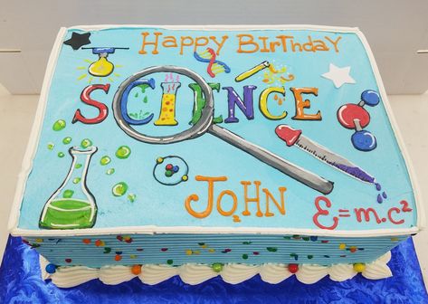 Buttercream drawn science themed birthday cake with primary color sprinkles along the sides Science Cakes Birthday Boys, Science Themed Cake, Science Birthday Cake, Science Cake, Science Party Decorations, Birth Cakes, Science Birthday Party Ideas, Dj Cake, Scientist Birthday Party