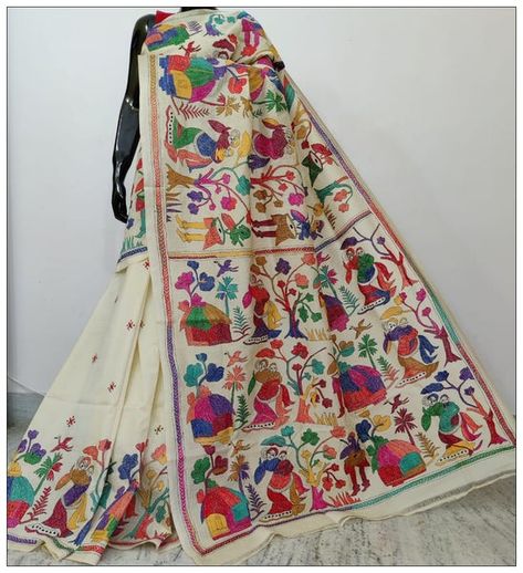 White Hand Embroidery Kantha Stitch Saree on Pure Bangalore Silk(Add t – Dailybuyys White Hand Embroidery, Partition Of India, South Asian Women, Kantha Stitch Saree, Stitch Saree, Simple Quilts, Kantha Sari, Indian States, Kantha Sarees