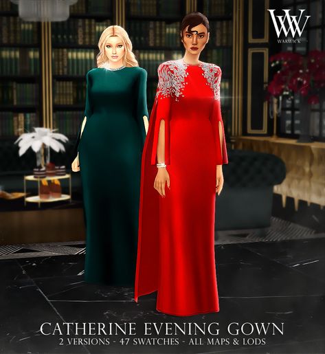 A resplendent, floor-length evening gown with adorned sleeves, prominent shoulders, and a cape. Version one features dazzling silver embellishments on the shoulders and back. Sims 4 Gown Cc, Sims 4 1920s Cc, Sims 4 Gown, Sims 4 Royal Cc, Sims 4 Royal, Sims 4 Content, Royal Clothes, Sims 4 Cas Mods, Sims Custom Content