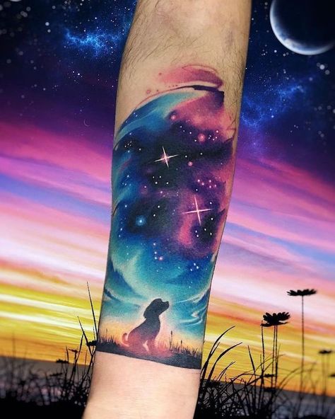 dog-looking-up-to-the-galaxy-space-tattoo-sleeve-forearm-tattoo-blue-purple-pink-watercolor-tattoo Galaxy Filler Tattoo Ideas, Galaxy Chest Tattoo Female, Trippy Alien Tattoo Ideas, Space Tattoo Color, Space Inspired Tattoos, Cosmic Tattoo Galaxies, Cosmic Tattoo Ideas, Night Sky Tattoos, Orion Tattoo