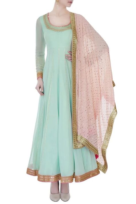 Anarkali Patterns, Bridesmaid Look, Anarkali With Dupatta, Mukaish Work, Green Anarkali, Indian Bridesmaid Dresses, Zardosi Embroidery, Anarkali Dresses, Georgette Anarkali