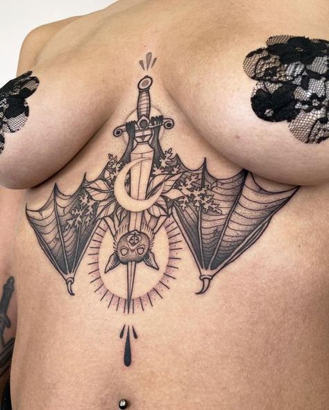 Bat Dagger Tattoo, Bat Tramp Stamp, Bat Sternum Tattoo, Sternum Tattoos For Women, Women Sternum Tattoo, Mandala Sternum Tattoo, Brust Tattoo Frau, Tattoo Frau, Tattoo Therapy