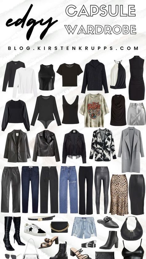 Cool Style Women Edgy, Outfit Staple Pieces, Outfit Statement Piece, Edgy Outfits Capsule, Esthician Outfit, Rocker Chic Business Casual, Makeup Artist Outfit Fashion, Capsule Edgy Wardrobe, Alternative Fashion Capsule Wardrobe