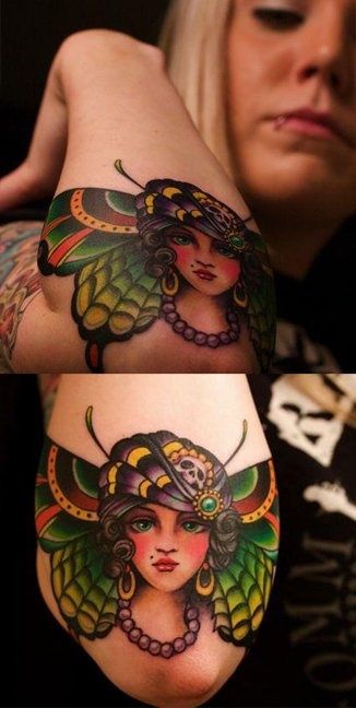 Gypsy Butterfly Tattoo  #spirithoods #inneranimal Borboleta Tattoo, Tattoo Old School, Tattoo Butterfly, Elbow Tattoos, Geniale Tattoos, Traditional Ink, Tattoo Feminina, School Tattoo, Great Tattoos