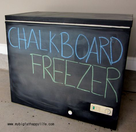 Turning a White Chest Freezer into a Chalkboard Freezer | mybigfathappylife.com  Could use this to list contents of freezer! Deep Freezer Makeover, Freezer Makeover, Kegerator Ideas, Diy Chalkboard Frame, Picture Frame Chalkboard, Refrigerator Makeover, Chest Freezer Organization, Freezer Ideas, Make A Chalkboard