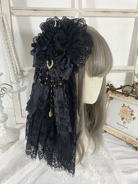 Elevate your gothic or Lolita look with this exquisite handmade hair accessory. The intricate floral design and elegant bowknot detail add a touch of dark romance to any hairstyle. The addition of a veil in classic black, adds a mysterious and alluring charm. This hairclip is a statement piece that will surely turn heads and make you stand out from the crowd.   Please note that this product includes only one hairclip and does not come with any additional accessories. Gothic Head Accessories, Ranboo Cosplay, Decora Fashion, Veil Black, Ouji Fashion, Prince Clothes, Gothic Floral, Gothic Hairstyles, Steampunk Fashion Male