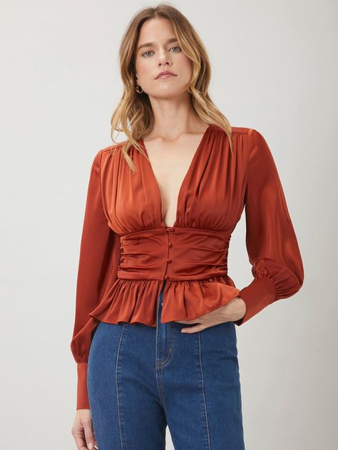 Rust Brown Elegant  Long Sleeve Polyester Plain Peplum Embellished Slight Stretch Spring/Fall Women Tops, Blouses & Tee Plus Size Spring Outfits, Rust Blouse, Gathered Top, Chubby Fashion, Plus Size Spring, Top Shein, Plunging Neck, Holiday Party Outfit, Top Plus Size