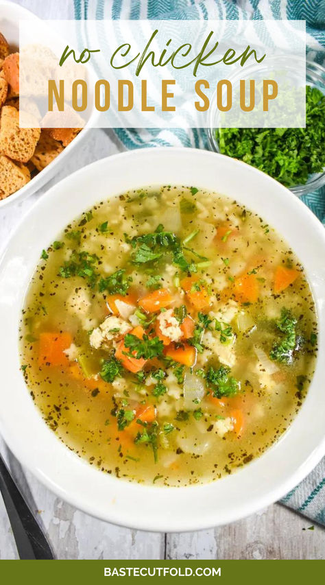 This vegetarian "no chicken noodle" soup recipe provides a meatless alternative to traditional chicken noodle. Chicken Noodle Soup With Broccoli, Vegetarian Chicken Dumpling Soup, Vegetarian Chicken Soup, Meatless Chicken Noodle Soup, Chicken Noodle Soup Vegetarian, Chicken Substitute Vegetarian, Chicken Noodle Soup With Veggies, No Chicken Noodle Soup, Chickenless Chicken Noodle Soup