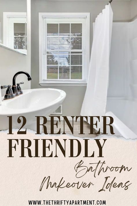 Discover 12 renter-friendly bathroom makeover ideas! Transform your space with stylish, removable, and affordable updates that won’t damage your rental. #BathroomMakeover #RenterFriendly #HomeDecor #BathroomInspo Decorating Rental Bathroom, Renting Bathroom Makeover, How To Update Bathroom On A Budget, Bathroom Makeover Ideas On A Budget, Half Bathroom Rental Ideas, Bathroom Decor Ideas Renter Friendly, Rental Home Decorating Bathroom, Renter Friendly Shower Makeover, Renter Friendly Bathroom Lighting