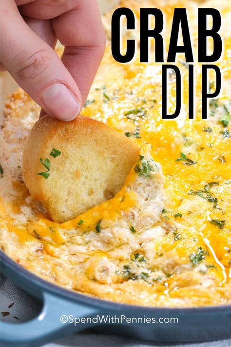 Crab dip is a simple hot baked appetizer. Made with cream cheese, sour cream, and cheddar base mixed with green onions, lump crabmeat, and seasonings. #spendwithpennies #crabdip #hotdip #appetizer #seafooddip #seafood Baked Crab Dip With Cream Cheese, Amazing Dips Recipes, Cheesy Crab Dip Recipe, Crabmeat Dip, Seafood Dip, Hot Crab Dip, Hot Appetizers, Spend With Pennies, Crab Dip