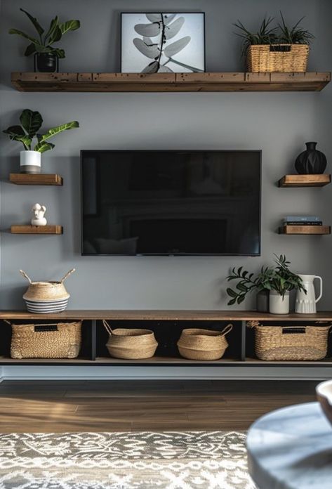 Mcm Tv Wall Ideas, Tv Unit Shelves Decor, Living Room Tv Mounted On Wall, Tv Wall Mount With Shelves, Accent Wall With Mounted Tv, Living Room Tv Wall With Shelves, Minimalistic Tv Wall Design, Living Room Tv Wall Shelving, Tv On Bedroom Wall