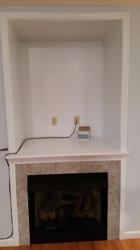 I turned a old tV nook into a fireplace mantel with a hidden door for electronics #handmade #crafts #HowTo #DIY Tv Niche Makeover, Niche Makeover, Tv Nook Makeover, Nook Makeover, Tv Niche, Building My Dream House, Tv Nook, Tv Ideas, House Updates