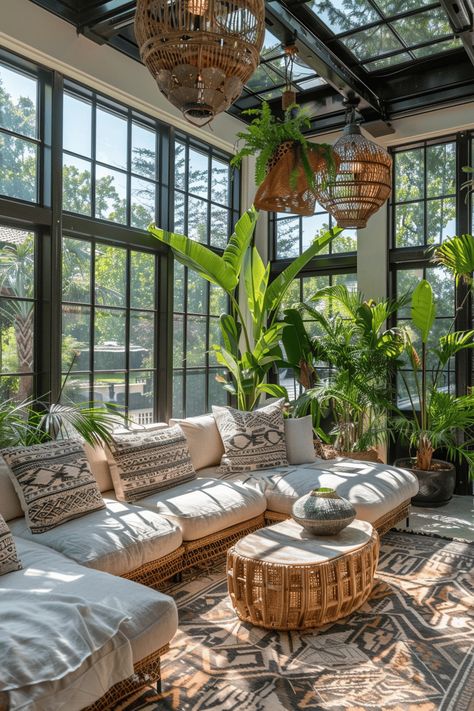 Boho Sunroom tropical plants with a couch Four Seasons Porch Decor, Sunroom Family Room Ideas, Four Seasons Room Ideas, Sunroom Plant Room, Decorating Sunroom Ideas, Sunroom Decorating Ideas Modern, Large Sunroom Ideas, Unique House Features, Moody Sunroom