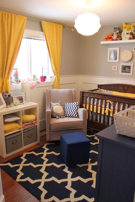 a little too much yellow for me but I love this color scheme Yellow And Navy Nursery, Black And Yellow Nursery, Blue And Yellow Nursery Boy, Yellow And Blue Nursery, Yellow Nursery Ideas, Blue And Yellow Nursery, Vibrant Nursery, Yellow Nursery Walls, Small Baby Nursery