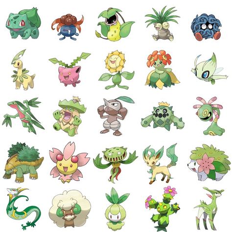 Grass-Type Pokémon (Pictures) - By ecnal79 Plant Pokemon, Pokemon Pink, Type Collage, Grass Type Pokemon, Pokemon Names, Green Pokemon, Oc Pokemon, Pokemon Tattoo, Grass Type