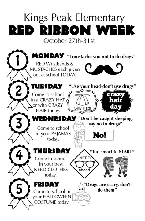 At our school this next week we are celebrating Red Ribbon Week, which helps the kids realize the importance of saying "NO" to drugs. This next week will be fun for the kids too because they will g... October Spirit Week Ideas, Student Council Activities, School Spirit Week, School Spirit Days, Red Ribbon Week, Elementary Counseling, Elementary School Counseling, School Social Work, Wacky Hair