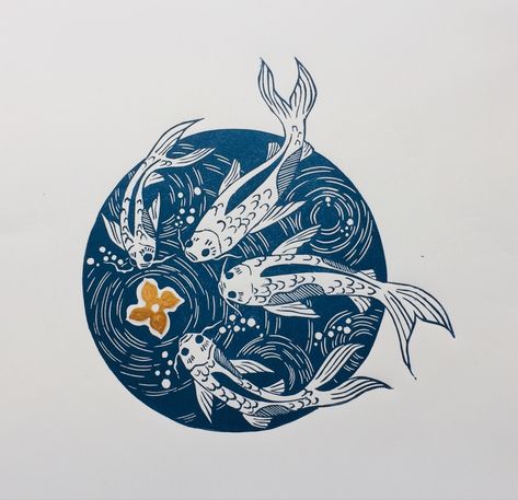 Koi Block Print, Koi Fish Linocut, Linocut Circle, Koi Linocut, Koi Fish With Cherry Blossom, Fish Linocut, Lino Print Artists, Lino Ideas, Linocut Artists