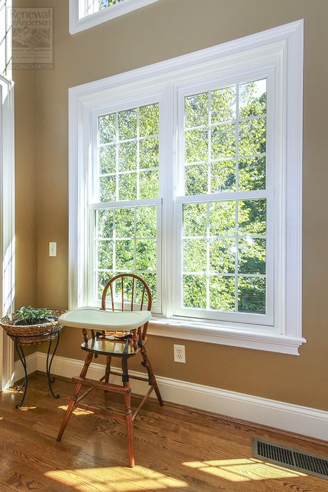 Large double hung window combination we installed in this gorgeous home . . . . . . . . . . Find out more about replacing your home windows -- Contact us today! (800) 581-4306 -- Renewal by Andersen Dayton Cincinnati Ohio . . . . . . . . . . Window Company Ohio / Replacement Windows / Double Window Combination / Kitchen Windows Double Window Trim Ideas Interior, Large Double Hung Windows, Window Trim Ideas Interior, Granny Pad, Window Renovation, Double Windows, Reno House, Charming Dining Room, Vinyl Replacement Windows