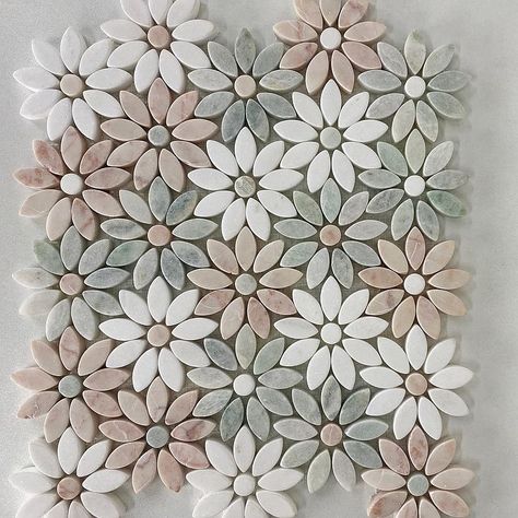 Cute Bathroom Tile Ideas, Bathroom Tiles Mosaic, Flower Kitchen Tile, Mosica Tiles Bathroom Design, Flower Mosaic Tile Bathroom, Daisy Tiles Bathroom, Cool Floor Tile, Floral Shower Tile, Floral Mosaic Tile Backsplash