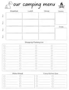 Camping Meal Plan Template for Easy Outdoor Cooking + 15 Menu Planning Tips | HikingInMyFlipFlops Camping Menu Planner Free Printable, Camping Meal Planner Free Printable, Camping Grocery List, Camping Meal Plan, Camping Meal Planner, Camper Checklist, Menu Planning Template, Free Printable Menu, Camping Meal Planning