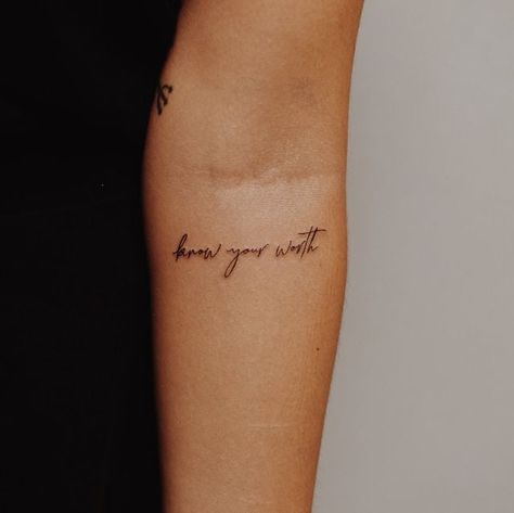 Simple Quote Tattoos, Tattoo Frases, Inner Elbow Tattoos, Arm Quote Tattoos, Small Quote Tattoos, Writing Tattoos, Elbow Tattoos, Petite Tattoos, Chest Tattoos