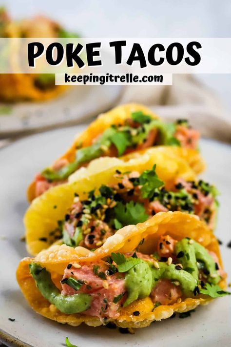 Spicy Tuna Tacos, Ahi Tuna Ideas, Poke Tacos Recipe, Poke Tuna Tacos, Tuna Poke Tacos, Blue Fin Tuna Poke Recipe, Seared Ahi Tuna Wonton Tacos, Wonton Tuna Tacos, Ahi Tuna Wonton Appetizers