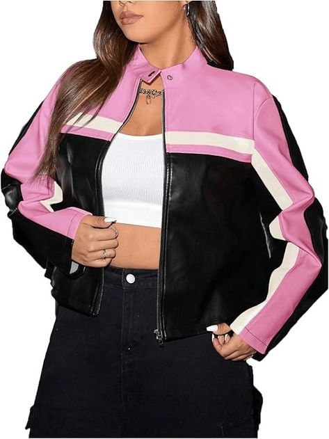 Amazon.com: MakeMeChic Women's Plus Size Casual Color Block Long Sleeve Jacket PU Leather Mock Neck Motorcycle Jackets Pink and Black 2XL : Clothing, Shoes & Jewelry Plus Size Jackets, Drawstring Waist Shorts, Pu Leather Jacket, Casual Stripes, Leather Motorcycle Jacket, Long Sleeves Jacket, Kids Sleepwear, Plus Size Casual, Plus Clothing